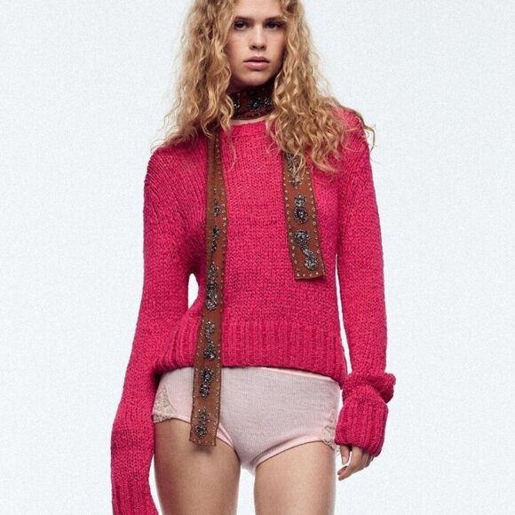 Zara Womens Pullover Sweater Pink S Crew Neck Chunky Knit 9598/135 NWT - Picture 1 of 8